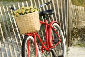 A red bike with a front basket of yellow flowers resting on a fence on a beach path